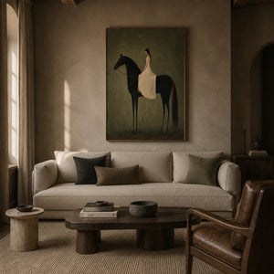 Rider in Olive Wall Art styled in a living room | OILDECO