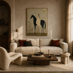 Moonlit Rider Horse Wall Art styled in a living room | OILDECO
