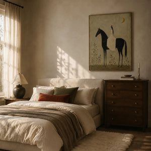 Moonlit Rider Horse Wall Art styled in a bedroom | OILDECO