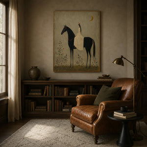 Moonlit Rider Horse Wall Art styled in a reading corner | OILDECO