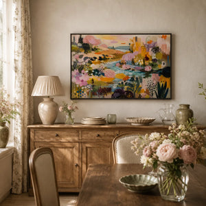 Blush Garden Stream Wall Art styled interior scene 2 | Oildeco