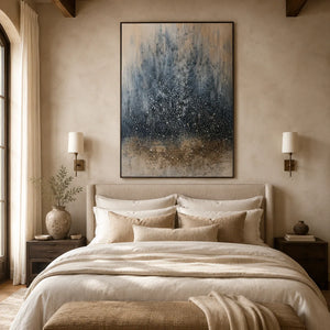 Blue Mist Abstract Wall Art shown in a calm bedroom setting | Oildeco
