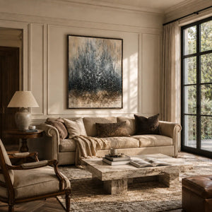 Blue Mist Abstract Wall Art shown in a calm bedroom setting | Oildeco