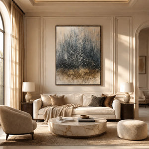Blue Mist Abstract Wall Art displayed in a bright dining room | Oildeco