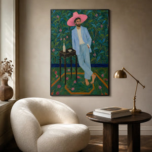 Pink Hat Gentleman Wall Art styled interior scene 3 | OILDECO
