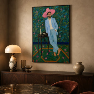 Pink Hat Gentleman Wall Art styled interior scene 4 | OILDECO