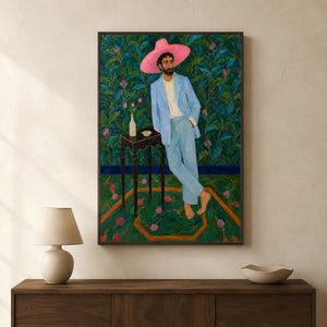 Pink Hat Gentleman Wall Art styled interior scene 5 | OILDECO