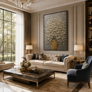 White Blossom Floral Wall Art styled in a modern living room | Oildeco