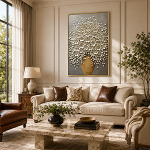 White Blossom Floral Wall Art displayed above a sofa in a neutral interior | Oildeco