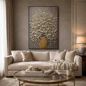 White Blossom Floral Wall Art shown in a calm bedroom setting | Oildeco