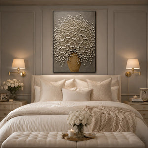 White Blossom Floral Wall Art shown in a calm bedroom setting | Oildeco