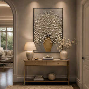 White Blossom Floral Wall Art displayed in a bright dining room | Oildeco