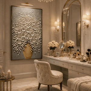 White Blossom Floral Wall Art styled with minimal interior decor | Oildeco