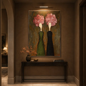 Pink Bloom Figure Wall Art shown in a calm bedroom setting | Oildeco