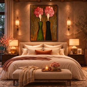 Pink Bloom Figure Wall Art shown in a calm bedroom setting | Oildeco
