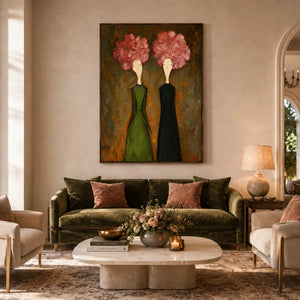 Pink Bloom Figure Wall Art displayed in a bright dining room | Oildeco