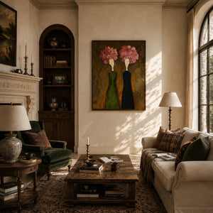 Pink Bloom Figure Wall Art shown in a quiet home office | Oildeco