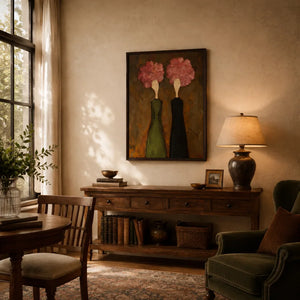 Pink Bloom Figure Wall Art styled with minimal interior decor | Oildeco
