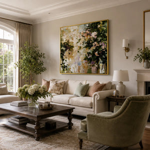 Garden Bloom Floral Wall Art shown in a calm bedroom setting | Oildeco