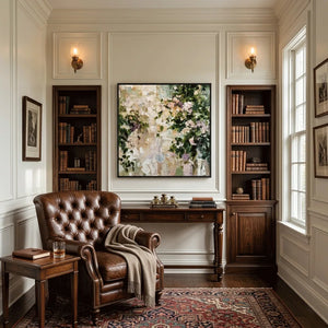 Garden Bloom Floral Wall Art shown in a quiet home office | Oildeco