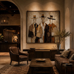 Western Duo Figure Wall Art displayed above a sofa in a neutral interior | Oildeco
