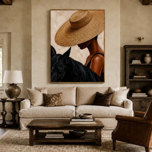 Straw Hat Horsewoman Wall Art styled interior scene 1 | OILDECO