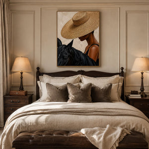 Straw Hat Horsewoman Wall Art styled interior scene 2 | OILDECO