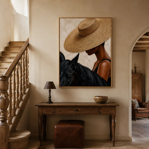 Straw Hat Horsewoman Wall Art styled interior scene 3 | OILDECO