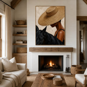 Straw Hat Horsewoman Wall Art styled interior scene 4 | OILDECO