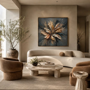Silver Petal Floral Wall Art displayed above a sofa in a neutral interior | Oildeco