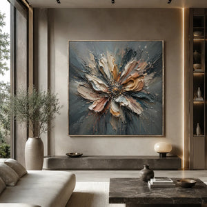 Silver Petal Floral Wall Art shown in a calm bedroom setting | Oildeco