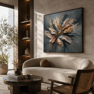 Silver Petal Floral Wall Art shown in a warm residential interior | Oildeco