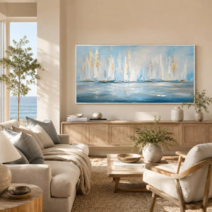 White Sails Ocean Wall Art styled in a modern living room | Oildeco