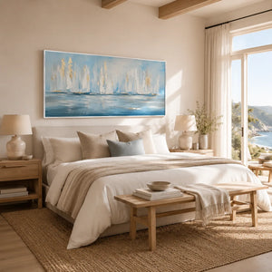 White Sails Ocean Wall Art displayed above a sofa in a neutral interior | Oildeco