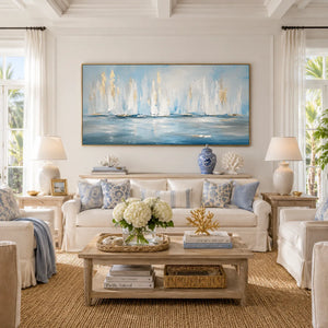White Sails Ocean Wall Art shown in a calm bedroom setting | Oildeco