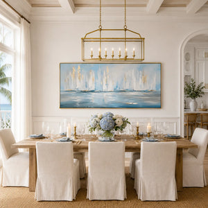 White Sails Ocean Wall Art displayed in a bright dining room | Oildeco