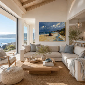 Coastal Path Ocean Wall Art styled in a modern living room | Oildeco