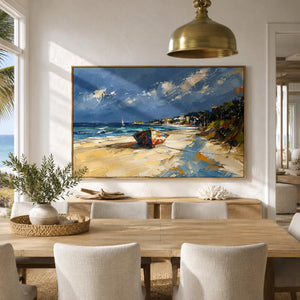 Coastal Path Ocean Wall Art displayed above a sofa in a neutral interior | Oildeco