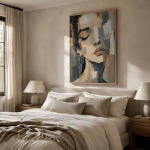 Soft Gaze Portrait Wall Art shown in a calm bedroom setting | Oildeco