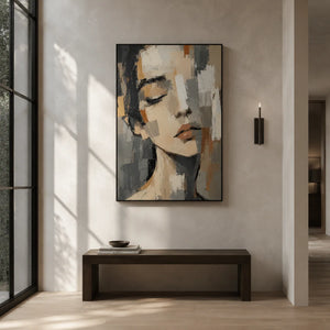Soft Gaze Portrait Wall Art shown in a calm bedroom setting | Oildeco