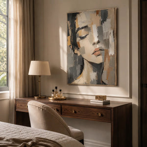 Soft Gaze Portrait Wall Art displayed in a bright dining room | Oildeco