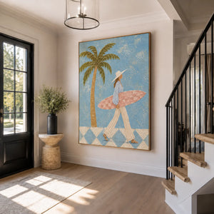 Blue Palm Surfer Wall Art styled interior scene 1 | OILDECO