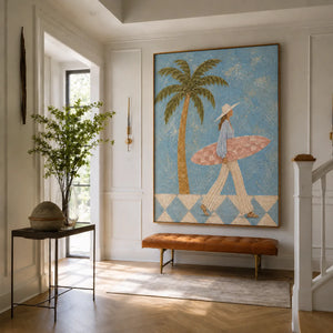 Blue Palm Surfer Wall Art styled interior scene 3 | OILDECO