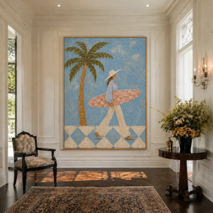 Blue Palm Surfer Wall Art styled interior scene 4 | OILDECO