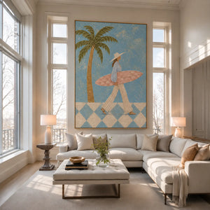 Blue Palm Surfer Wall Art styled interior scene 5 | OILDECO
