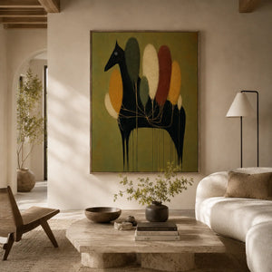 Midnight Grove Horse Wall Art displayed above a sofa in a neutral interior | Oildeco
