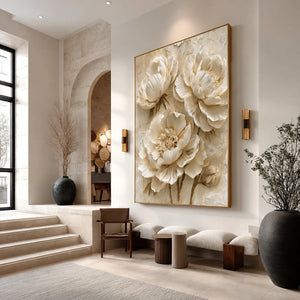 Ivory Peony Relief Wall Art styled interior scene 2 | OILDECO