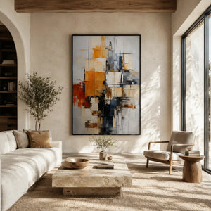 Amber Grid Abstract Wall Art styled in a modern living room | Oildeco