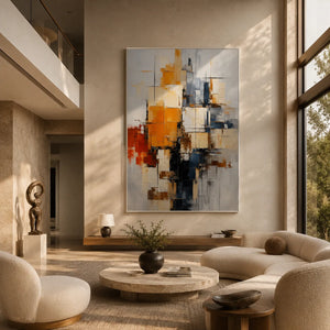 Amber Grid Abstract Wall Art displayed above a sofa in a neutral interior | Oildeco