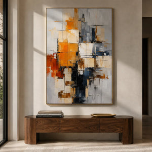 Amber Grid Abstract Wall Art shown in a calm bedroom setting | Oildeco